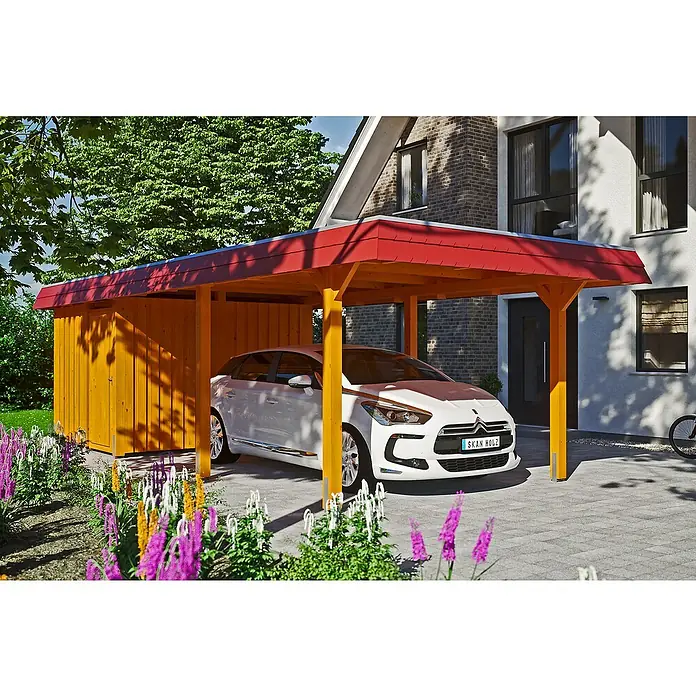 Skan Holz Carport Wendland - L x B: 870 x 362 cm, Einfahrtshöhe: 206 cm, Eiche hell/Rot, Materialspezifizierung Dach: EPDM-Folie - Anwendungsbeispiel