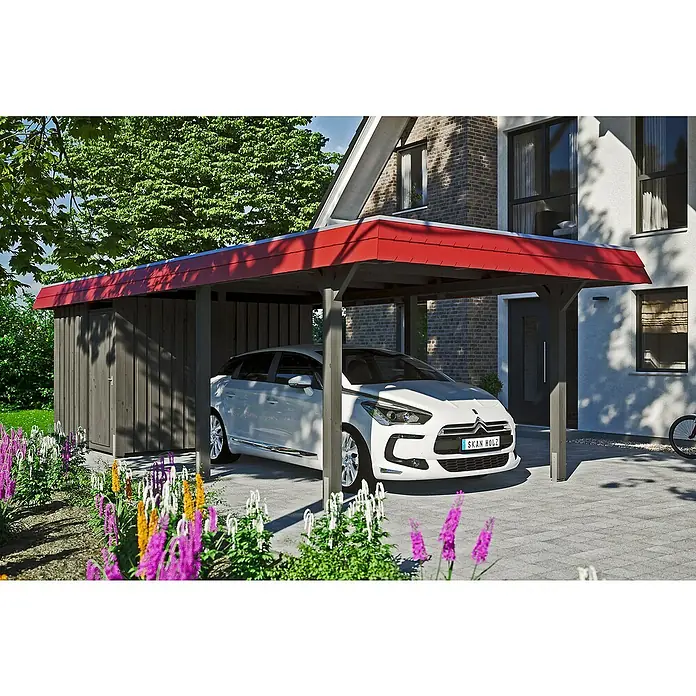 Skan Holz Carport Wendland - L x B: 870 x 362 cm, Einfahrtshöhe: 206 cm, Schiefergrau/Rot, Materialspezifizierung Dach: EPDM-Folie - Anwendungsbeispiel