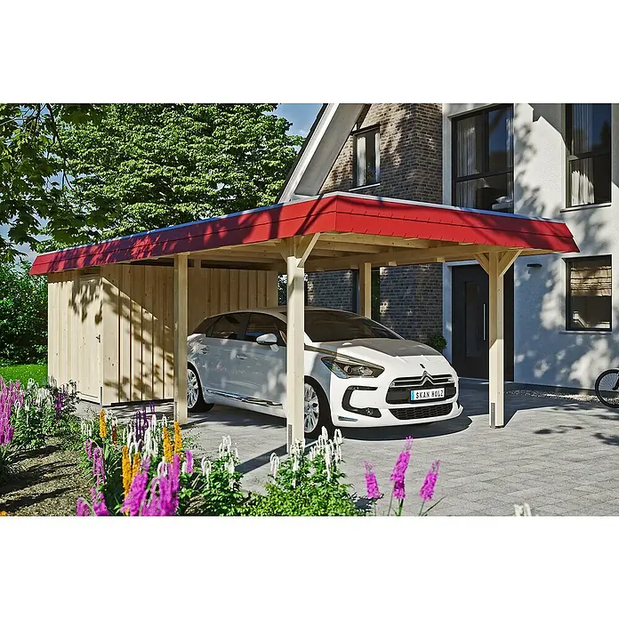 Skan Holz Carport Wendland - L x B: 870 x 362 cm, Einfahrtshöhe: 206 cm, Natur/Rot, Materialspezifizierung Dach: EPDM-Folie - Anwendungsbeispiel