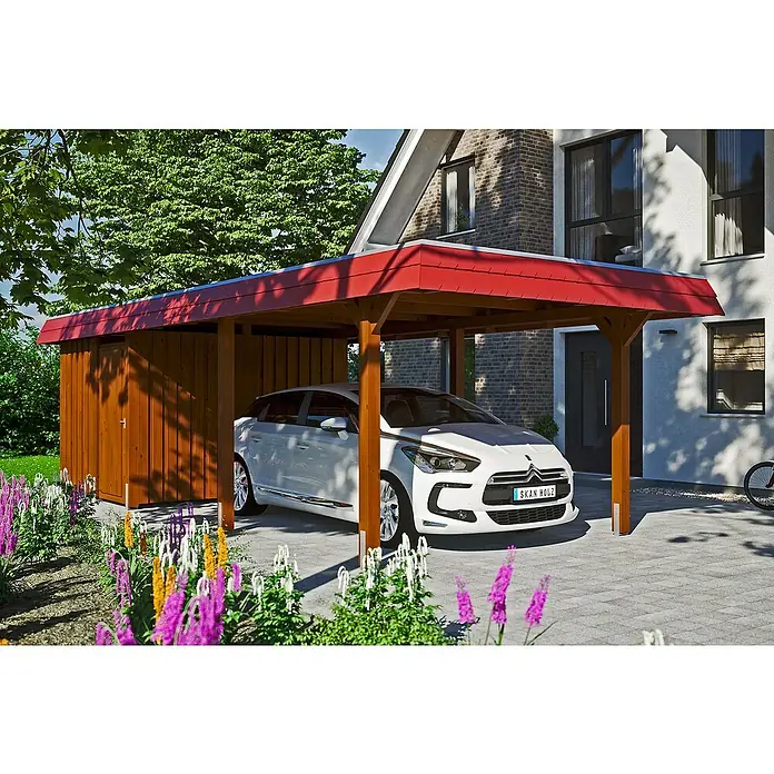 Skan Holz Carport Wendland - L x B: 870 x 362 cm, Einfahrtshöhe: 206 cm, Nussbaum/Rot, Materialspezifizierung Dach: EPDM-Folie - Anwendungsbeispiel