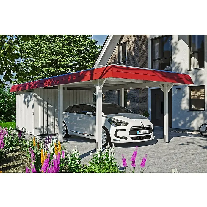 Skan Holz Carport Wendland - L x B: 870 x 362 cm, Einfahrtshöhe: 206 cm, Weiß/Rot, Materialspezifizierung Dach: EPDM-Folie - Anwendungsbeispiel