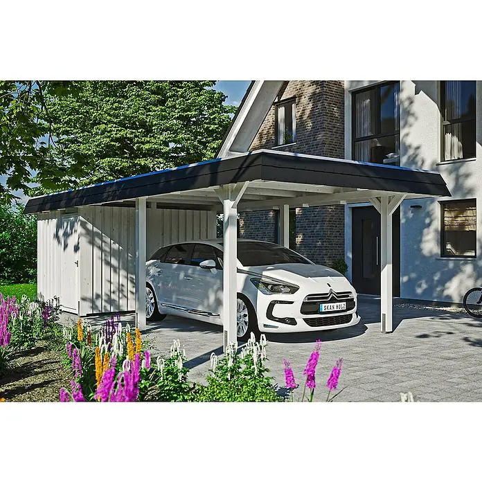 Skan Holz Carport Wendland - L x B: 870 x 362 cm, Einfahrtshöhe: 206 cm, Weiß/Schwarz, Materialspezifizierung Dach: Aluminium - Anwendungsbeispiel