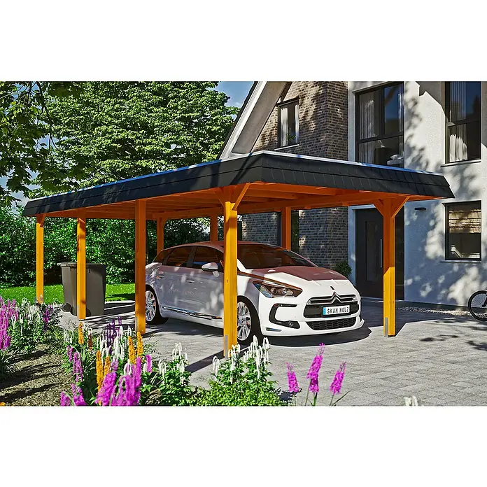 Skan Holz Carport Wendland - L x B: 870 x 362 cm, Einfahrtshöhe: 206 cm, Eiche hell/Schwarz, Aluminium-Dachplatten - Anwendungsbeispiel