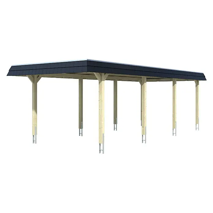 Skan Holz Carport Wendland - L x B: 870 x 362 cm, Einfahrtshöhe: 206 cm, Natur/Schwarz, Aluminium-Dachplatten - Diagonale Ansicht
