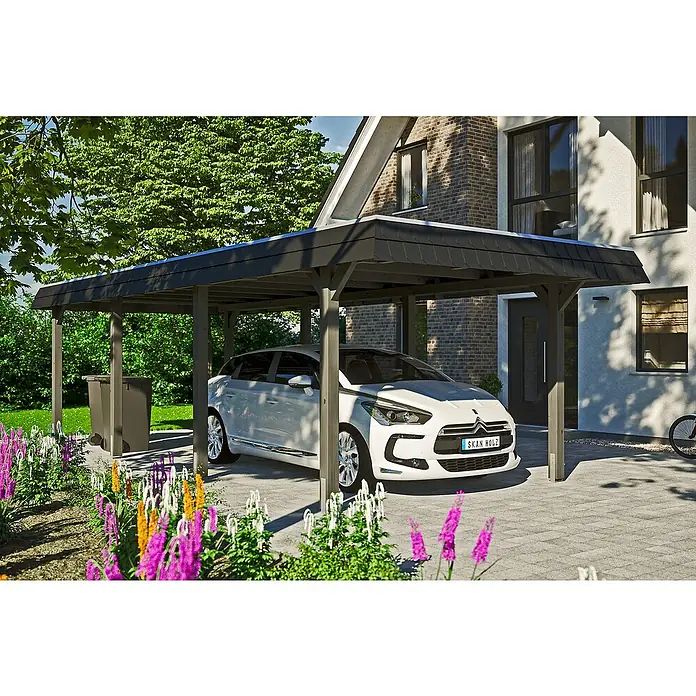 Skan Holz Carport Wendland - L x B: 870 x 362 cm, Einfahrtshöhe: 206 cm, Schiefergrau/Schwarz, Aluminium-Dachplatten - Anwendungsbeispiel