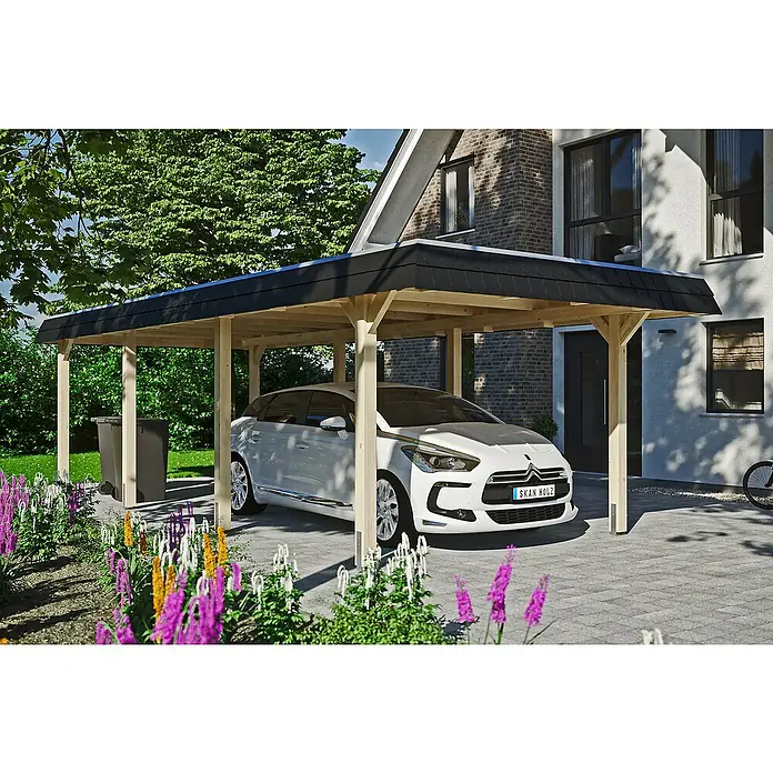 Skan Holz Carport Wendland - L x B: 870 x 362 cm, Einfahrtshöhe: 206 cm, Natur/Schwarz, Aluminium-Dachplatten - Anwendungsbeispiel