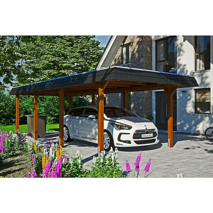 Skan Holz Carport Wendland - L x B: 870 x 362 cm, Einfahrtshöhe: 206 cm, Nussbaum/Schwarz, Aluminium-Dachplatten - Anwendungsbeispiel