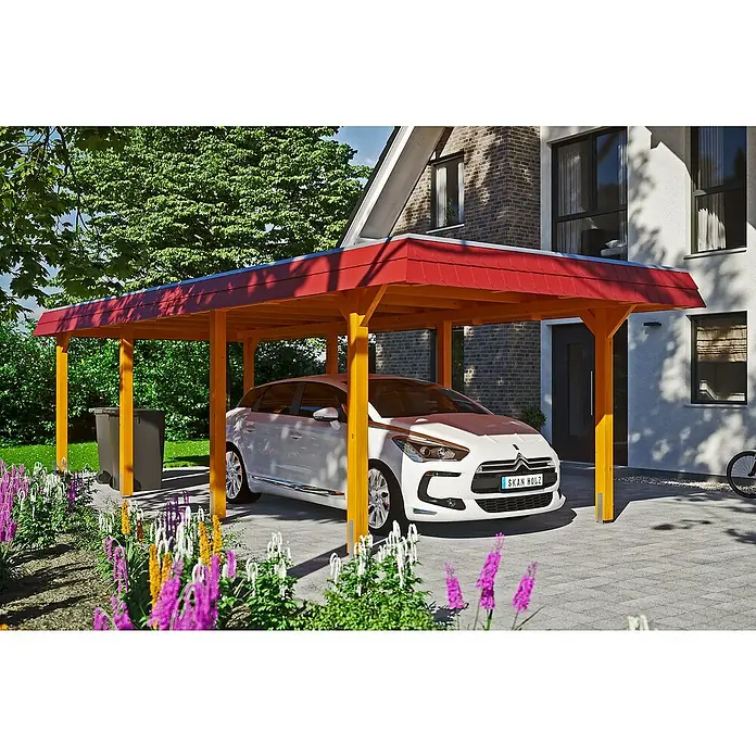 Skan Holz Carport Wendland - L x B: 870 x 362 cm, Einfahrtshöhe: 206 cm, Eiche hell/Rot, Aluminium-Dachplatten - Anwendungsbeispiel