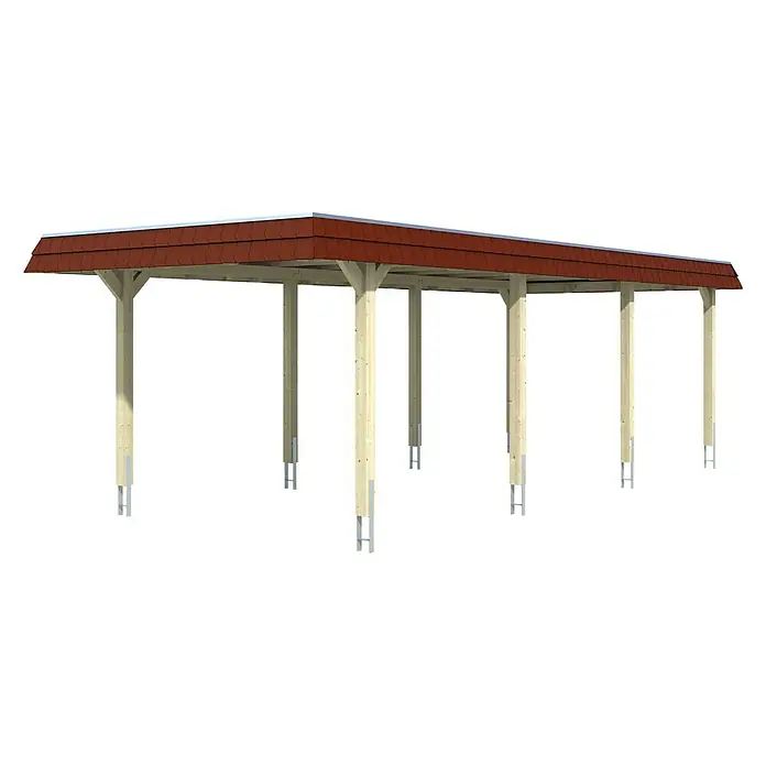 Skan Holz Carport Wendland - L x B: 870 x 362 cm, Einfahrtshöhe: 206 cm, Natur/Rot, Aluminium-Dachplatten - Diagonale Ansicht