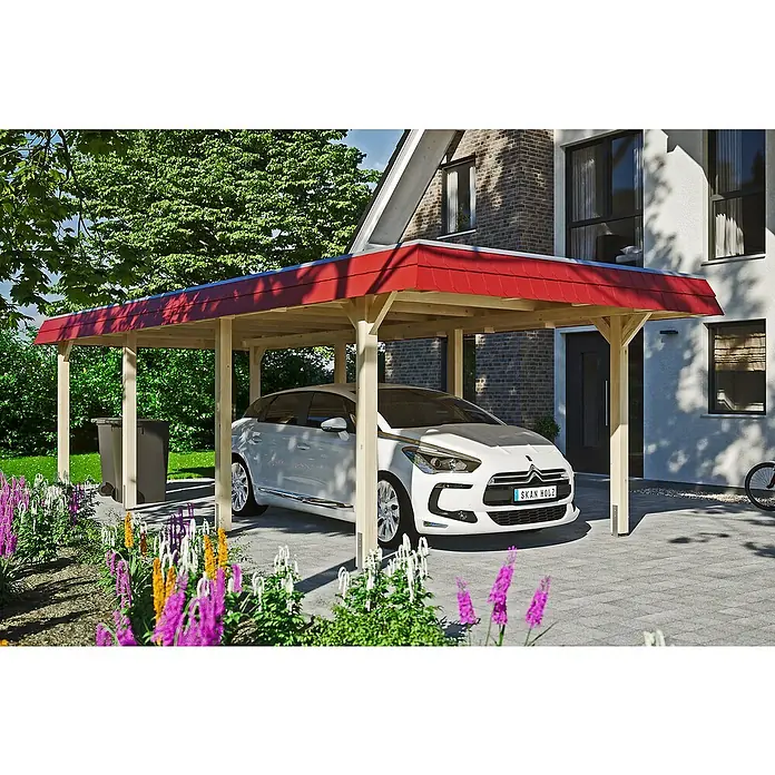 Skan Holz Carport Wendland - L x B: 870 x 362 cm, Einfahrtshöhe: 206 cm, Natur/Rot, Aluminium-Dachplatten - Anwendungsbeispiel