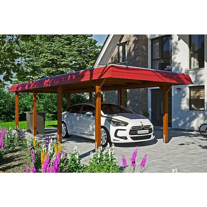 Skan Holz Carport Wendland - L x B: 870 x 362 cm, Einfahrtshöhe: 206 cm, Nussbaum/Rot, Aluminium-Dachplatten - Anwendungsbeispiel
