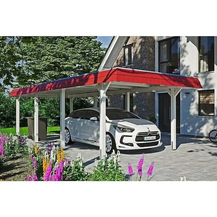Skan Holz Carport Wendland - L x B: 870 x 362 cm, Einfahrtshöhe: 206 cm, Weiß/Rot, Dachschalung mit EPDM-Folie - Anwendungsbeispiel
