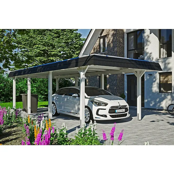 Skan Holz Carport Wendland - L x B: 870 x 362 cm, Einfahrtshöhe: 206 cm, Weiß/Schwarz, Dachschalung mit EPDM-Folie - Anwendungsbeispiel