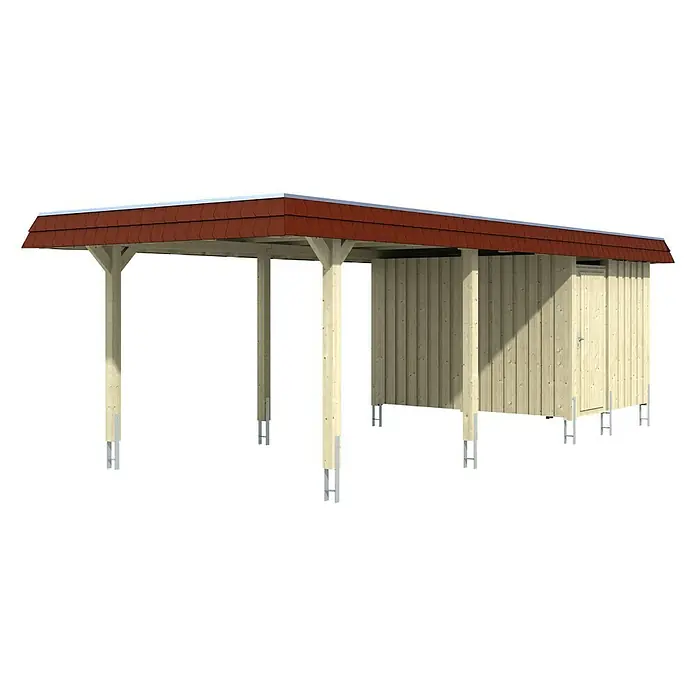 Skan Holz Carport Wendland - L x B: 870 x 362 cm, Einfahrtshöhe: 206 cm, Schiefergrau/Rot, Materialspezifizierung Dach: EPDM-Folie - Diagonale Ansicht