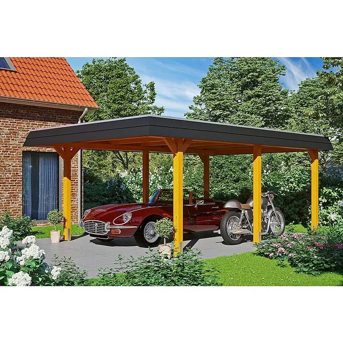 Skan Holz Carport Wendland - L x B: 628 x 409 cm, Einfahrtshöhe: 210 cm, Eiche hell/Schwarz, Materialspezifizierung Dach: EPDM-Folie - Anwendungsbeispiel