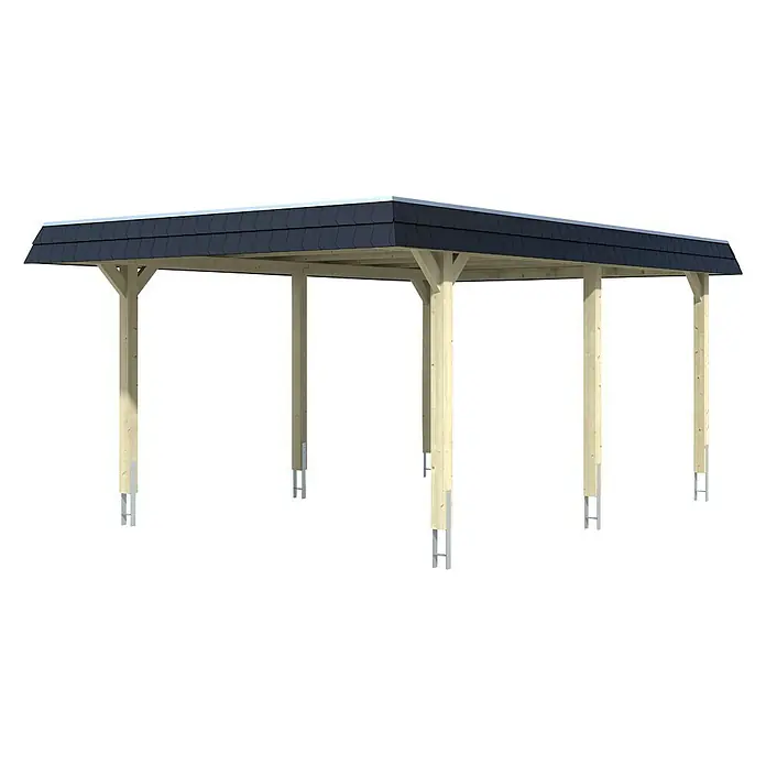 Skan Holz Carport Wendland - L x B: 628 x 409 cm, Einfahrtshöhe: 210 cm, Natur/Schwarz, Materialspezifizierung Dach: Aluminium - Diagonale Ansicht