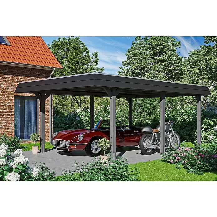 Skan Holz Carport Wendland - L x B: 628 x 409 cm, Einfahrtshöhe: 210 cm, Schiefergrau/Schwarz, Materialspezifizierung Dach: EPDM-Folie - Anwendungsbeispiel