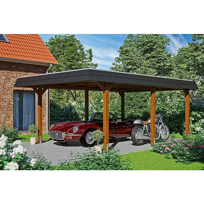 Skan Holz Carport Wendland - L x B: 628 x 409 cm, Einfahrtshöhe: 210 cm, Nussbaum/Schwarz, Materialspezifizierung Dach: Aluminium - Anwendungsbeispiel
