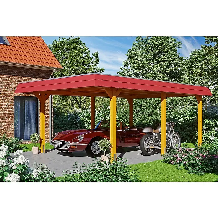 Skan Holz Carport Wendland - L x B: 628 x 409 cm, Einfahrtshöhe: 210 cm, Eiche hell/Rot, Materialspezifizierung Dach: EPDM-Folie - Anwendungsbeispiel