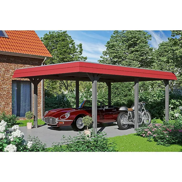 Skan Holz Carport Wendland - L x B: 628 x 409 cm, Einfahrtshöhe: 210 cm, Schiefergrau, Materialspezifizierung Dach: EPDM-Folie - Anwendungsbeispiel