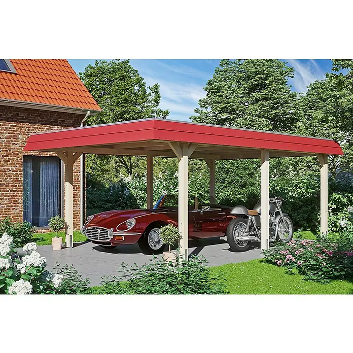 Skan Holz Carport Wendland - L x B: 628 x 409 cm, Einfahrtshöhe: 210 cm, Natur/Rot, Materialspezifizierung Dach: EPDM-Folie - Anwendungsbeispiel