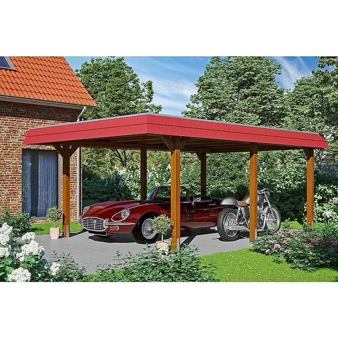 Skan Holz Carport Wendland - L x B: 628 x 409 cm, Einfahrtshöhe: 210 cm, Nussbaum/Rot, Materialspezifizierung Dach: EPDM-Folie - Anwendungsbeispiel