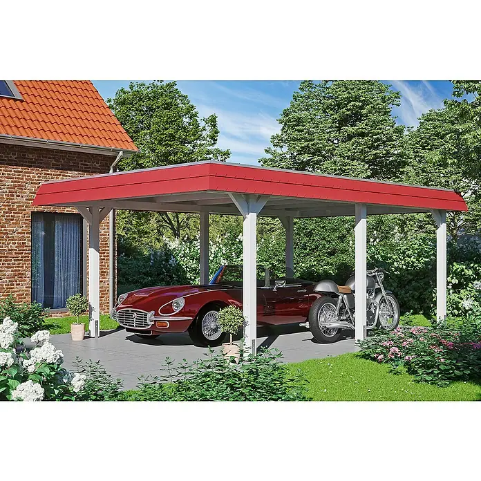Skan Holz Carport Wendland - L x B: 628 x 409 cm, Einfahrtshöhe: 210 cm, Weiß/Rot, Materialspezifizierung Dach: EPDM-Folie - Anwendungsbeispiel