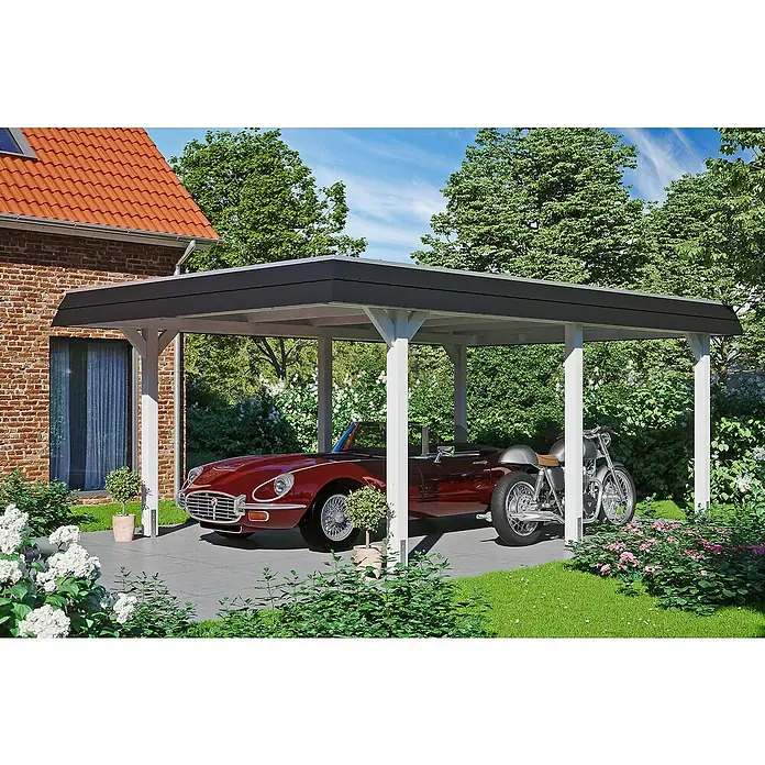 Skan Holz Carport Wendland - L x B: 628 x 409 cm, Einfahrtshöhe: 210 cm, Weiß/Schwarz, Materialspezifizierung Dach: EPDM-Folie - Anwendungsbeispiel