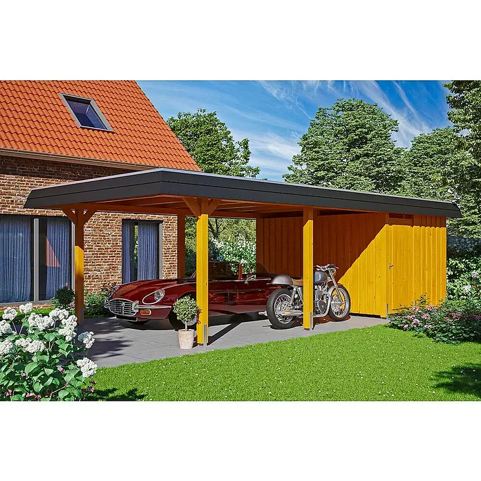 Skan Holz Carport Wendland - L x B: 870 x 409 cm, Einfahrtshöhe: 210 cm, Eiche hell/Schwarz, Materialspezifizierung Dach: Aluminium - Anwendungsbeispiel