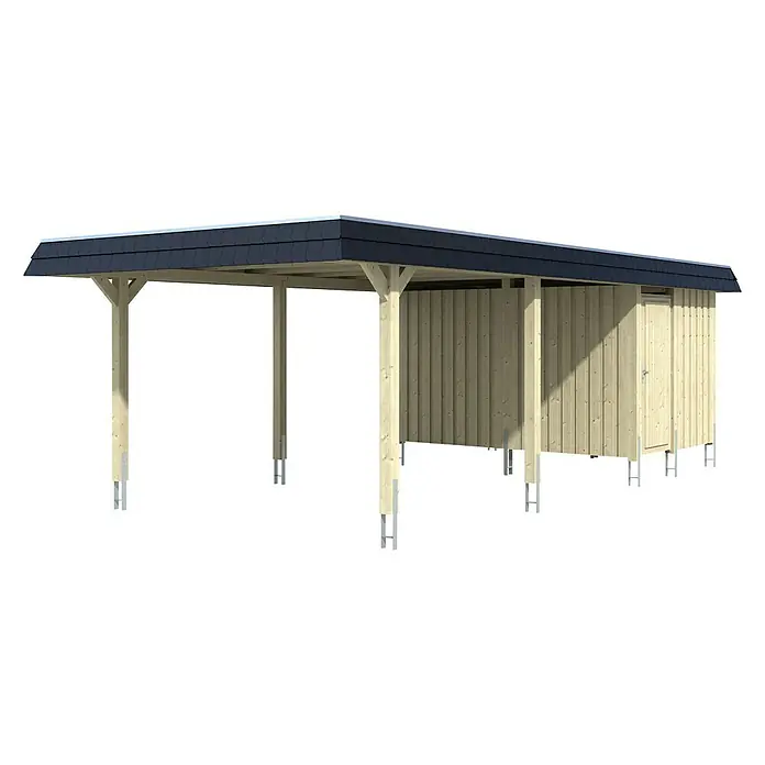 Skan Holz Carport Wendland - L x B: 870 x 409 cm, Einfahrtshöhe: 210 cm, Eiche hell/Schwarz, Materialspezifizierung Dach: Aluminium - Diagonale Ansicht