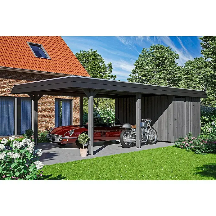 Skan Holz Carport Wendland - L x B: 870 x 409 cm, Einfahrtshöhe: 210 cm, Schiefergrau/Schwarz, Materialspezifizierung Dach: Aluminium - Anwendungsbeispiel