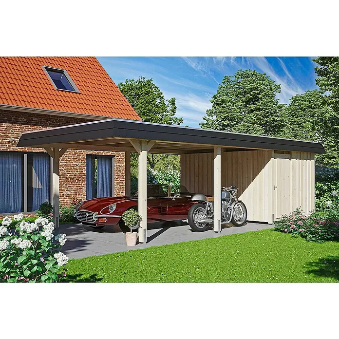 Skan Holz Carport Wendland - L x B: 870 x 409 cm, Einfahrtshöhe: 210 cm, Natur/Schwarz, Materialspezifizierung Dach: Aluminium - Anwendungsbeispiel