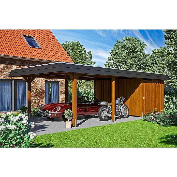 Skan Holz Carport Wendland - L x B: 870 x 409 cm, Einfahrtshöhe: 210 cm, Nussbaum/Schwarz, Materialspezifizierung Dach: Aluminium - Anwendungsbeispiel