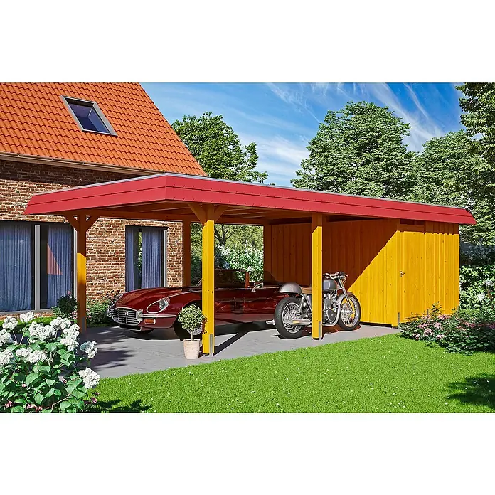 Skan Holz Carport Wendland - L x B: 870 x 409 cm, Einfahrtshöhe: 210 cm, Eiche hell/Rot, Materialspezifizierung Dach: Aluminium - Anwendungsbeispiel