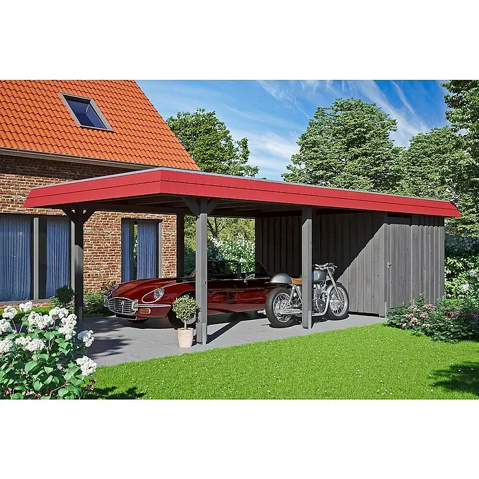 Skan Holz Carport Wendland - L x B: 870 x 409 cm, Einfahrtshöhe: 210 cm, Schiefergrau/Rot, Materialspezifizierung Dach: Aluminium - Anwendungsbeispiel