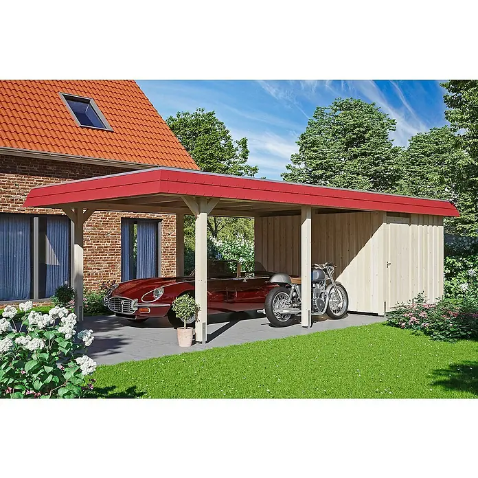 Skan Holz Carport Wendland - L x B: 870 x 409 cm, Einfahrtshöhe: 210 cm, Natur/Rot, Materialspezifizierung Dach: Aluminium - Anwendungsbeispiel