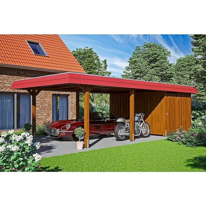 Skan Holz Carport Wendland - L x B: 870 x 409 cm, Einfahrtshöhe: 210 cm, Nussbaum/Rot, Materialspezifizierung Dach: EPDM-Folie - Anwendungsbeispiel