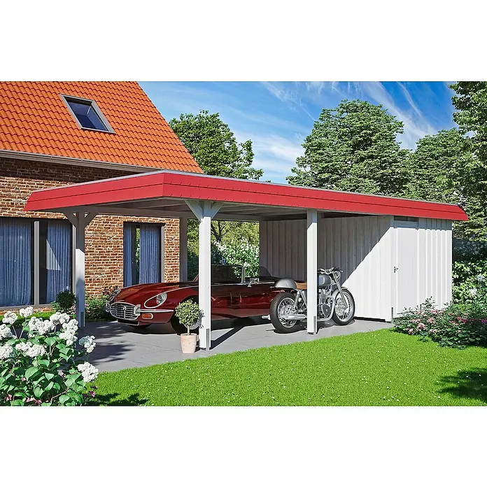Skan Holz Carport Wendland - L x B: 870 x 409 cm, Einfahrtshöhe: 210 cm, Weiß/Rot, Materialspezifizierung Dach: Aluminium - Anwendungsbeispiel