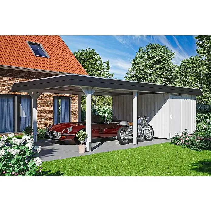 Skan Holz Carport Wendland - L x B: 870 x 409 cm, Einfahrtshöhe: 210 cm, Weiß/Schwarz, Materialspezifizierung Dach: Aluminium - Anwendungsbeispiel