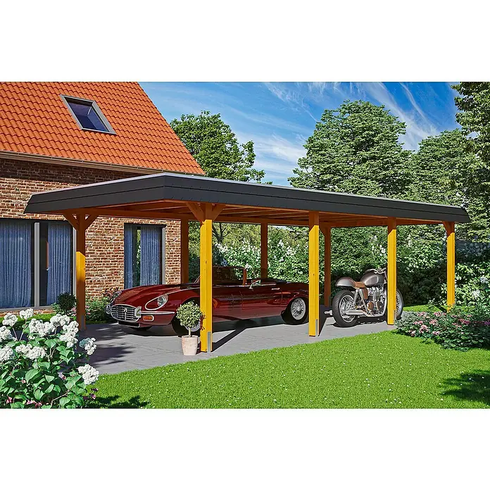 Skan Holz Carport Wendland - L x B: 870 x 409 cm, Einfahrtshöhe: 210 cm, Eiche hell/Schwarz, Ohne Abstellraum, Aluminium - Anwendungsbeispiel