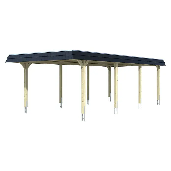 Skan Holz Carport Wendland - L x B: 870 x 409 cm, Einfahrtshöhe: 210 cm, Weiß/Schwarz, Ohne Abstellraum, Aluminium - Diagonale Ansicht