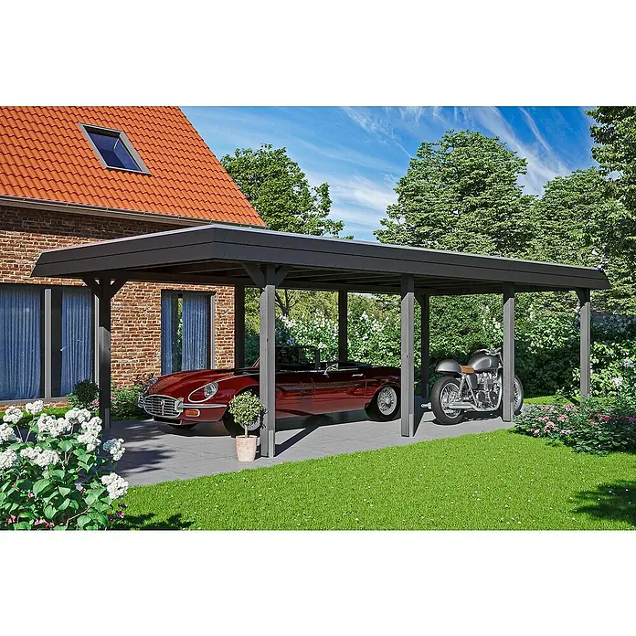 Skan Holz Carport Wendland - L x B: 870 x 409 cm, Einfahrtshöhe: 210 cm, Schiefergrau/Schwarz, Ohne Abstellraum, Aluminium - Anwendungsbeispiel