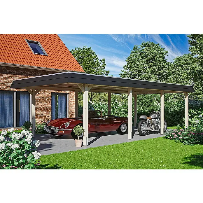 Skan Holz Carport Wendland - L x B: 870 x 409 cm, Einfahrtshöhe: 210 cm, Natur/Schwarz, Ohne Abstellraum, Aluminium - Anwendungsbeispiel
