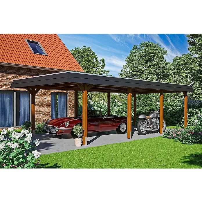 Skan Holz Carport Wendland - L x B: 870 x 409 cm, Einfahrtshöhe: 210 cm, Nussbaum, Ohne Abstellraum, Aluminium - Anwendungsbeispiel