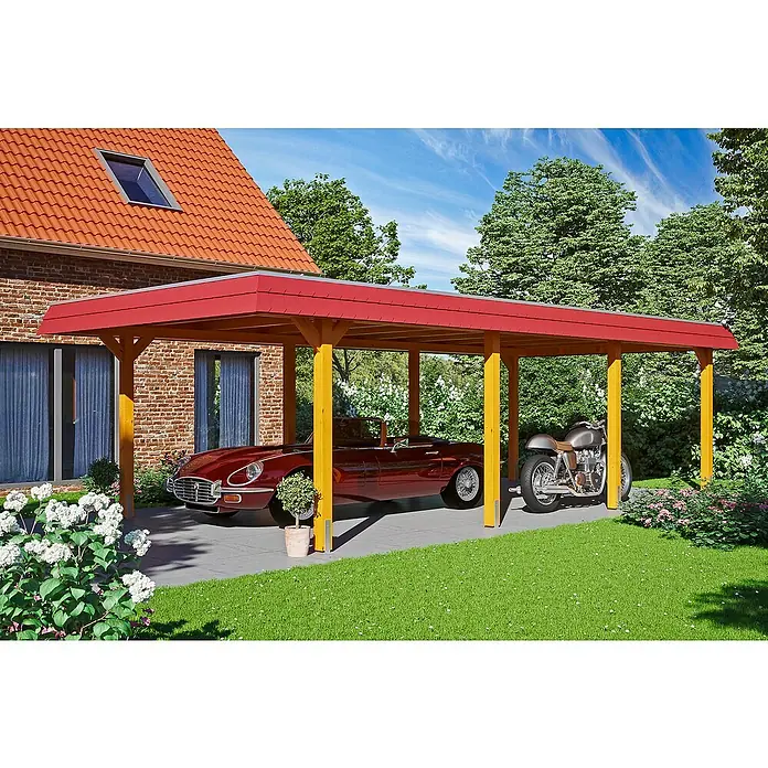 Skan Holz Carport Wendland - L x B: 870 x 409 cm, Einfahrtshöhe: 210 cm, Eiche hell/Rot, Ohne Abstellraum, EPDM-Folie - Anwendungsbeispiel