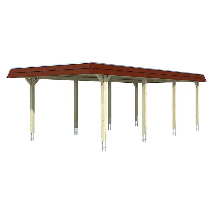 Skan Holz Carport Wendland - L x B: 870 x 409 cm, Einfahrtshöhe: 210 cm, Weiß/Rot, Ohne Abstellraum, Aluminium - Diagonale Ansicht