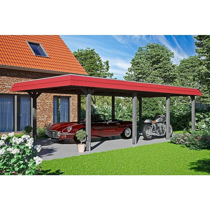Skan Holz Carport Wendland - L x B: 870 x 409 cm, Einfahrtshöhe: 210 cm, Schiefergrau/Rot, Ohne Abstellraum, Aluminium - Anwendungsbeispiel