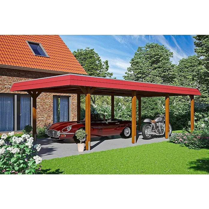 Skan Holz Carport Wendland - L x B: 870 x 409 cm, Einfahrtshöhe: 210 cm, Nussbaum/Rot, Ohne Abstellraum, Aluminium - Anwendungsbeispiel