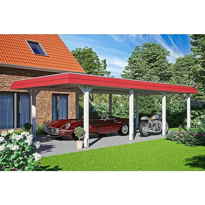 Skan Holz Carport Wendland - L x B: 870 x 409 cm, Einfahrtshöhe: 210 cm, Weiß/Rot, Ohne Abstellraum, Aluminium - Anwendungsbeispiel