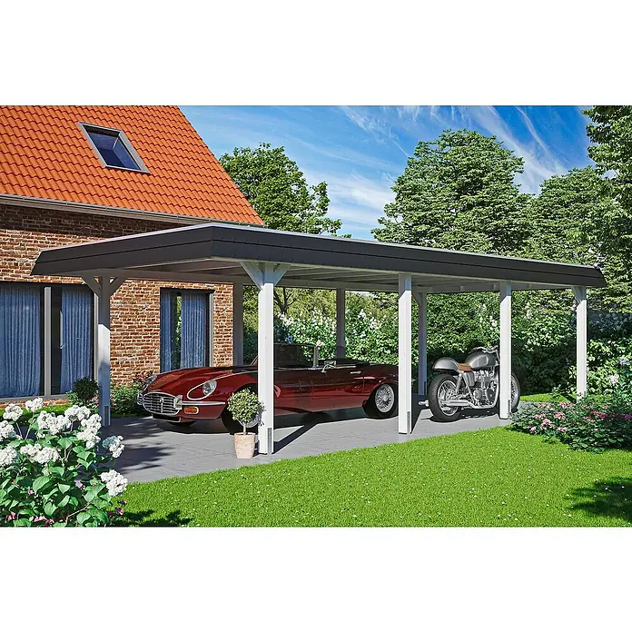 Skan Holz Carport Wendland - L x B: 870 x 409 cm, Einfahrtshöhe: 210 cm, Weiß/Schwarz, Ohne Abstellraum, Aluminium - Anwendungsbeispiel